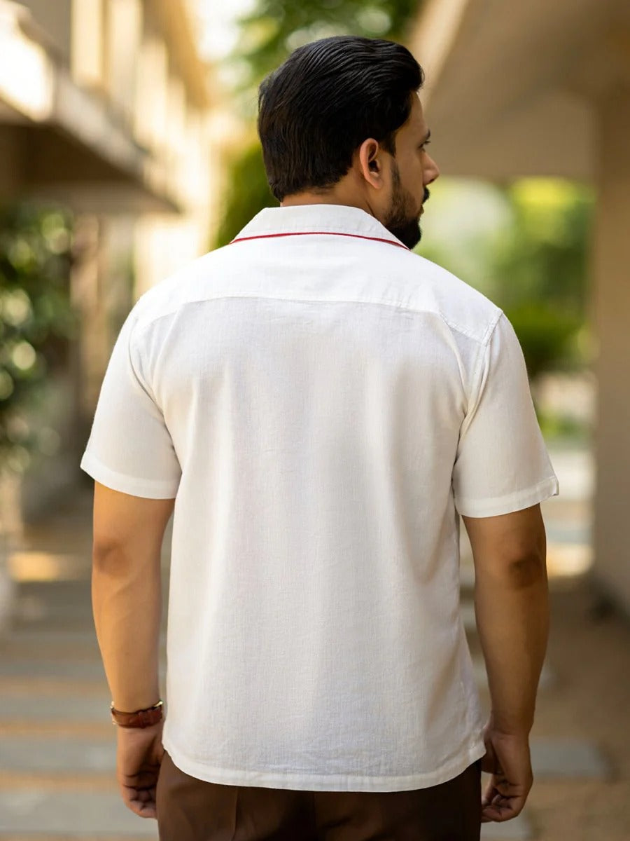 Stylock Men's White Koi Fish Embroidered Cuban Collar Half Sleeve Casual Shirt