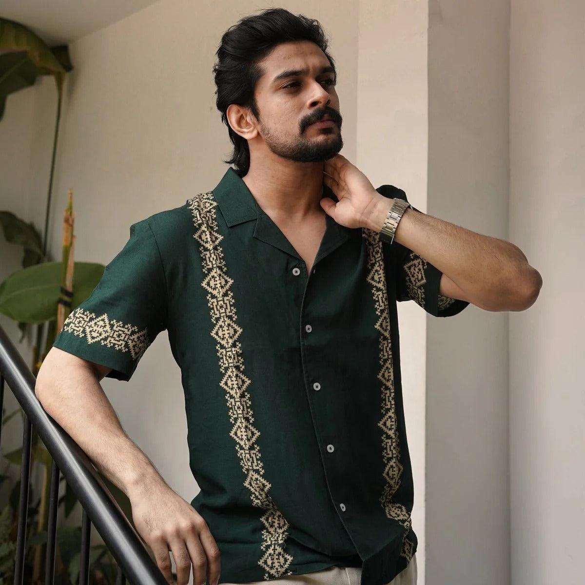 Stylock Men's Dark Green Ethnic Print Cuban Collar Half Sleeve Casual Shirt