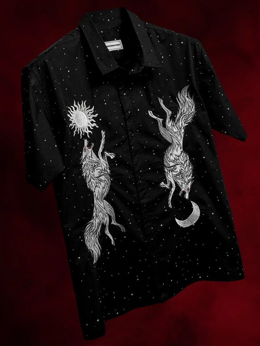 Stylock Men's Black Wolf Graphic Print Cuban Collar Half Sleeve Casual Shirt