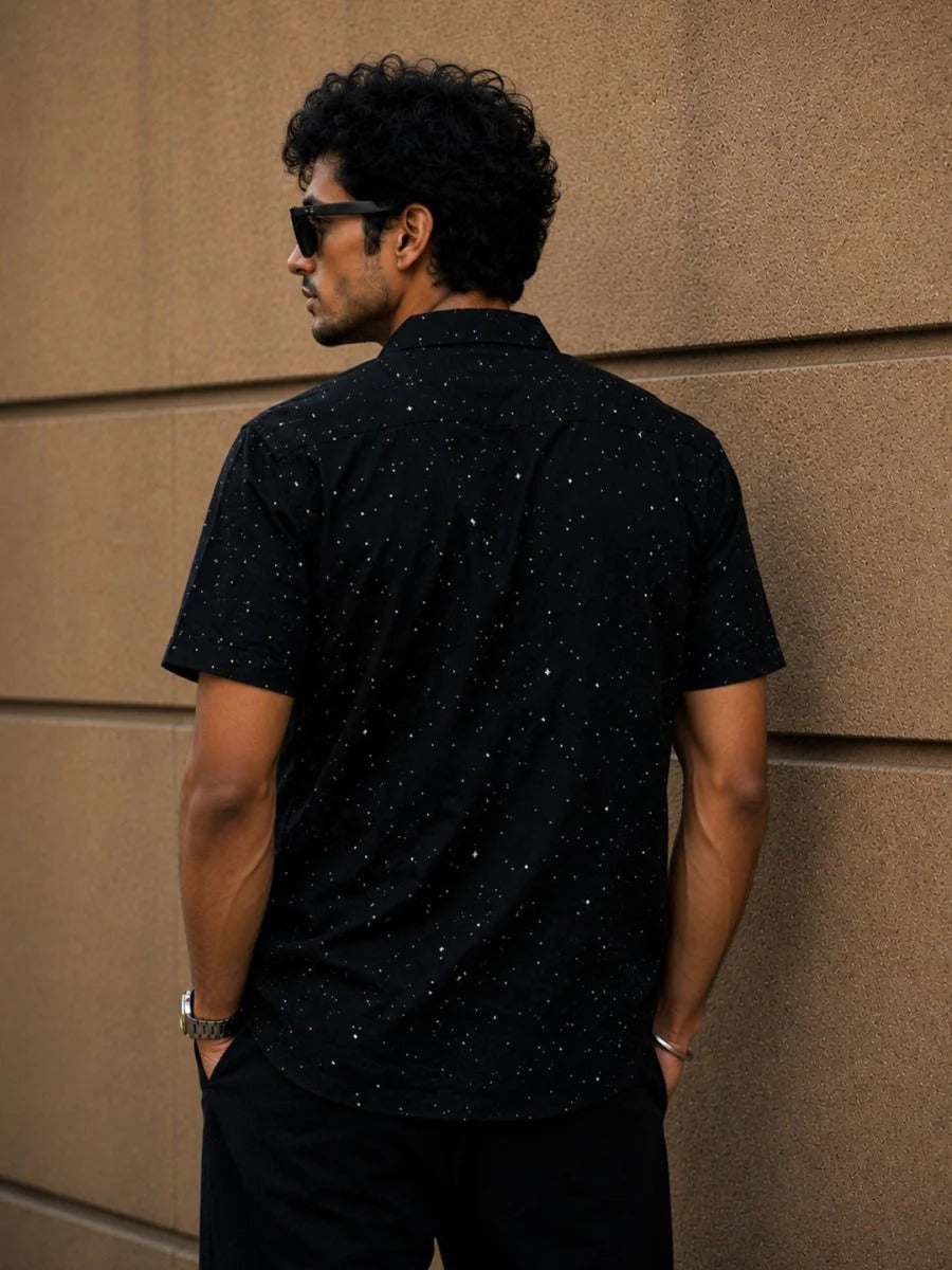 Stylock Men's Black Wolf Graphic Print Cuban Collar Half Sleeve Casual Shirt