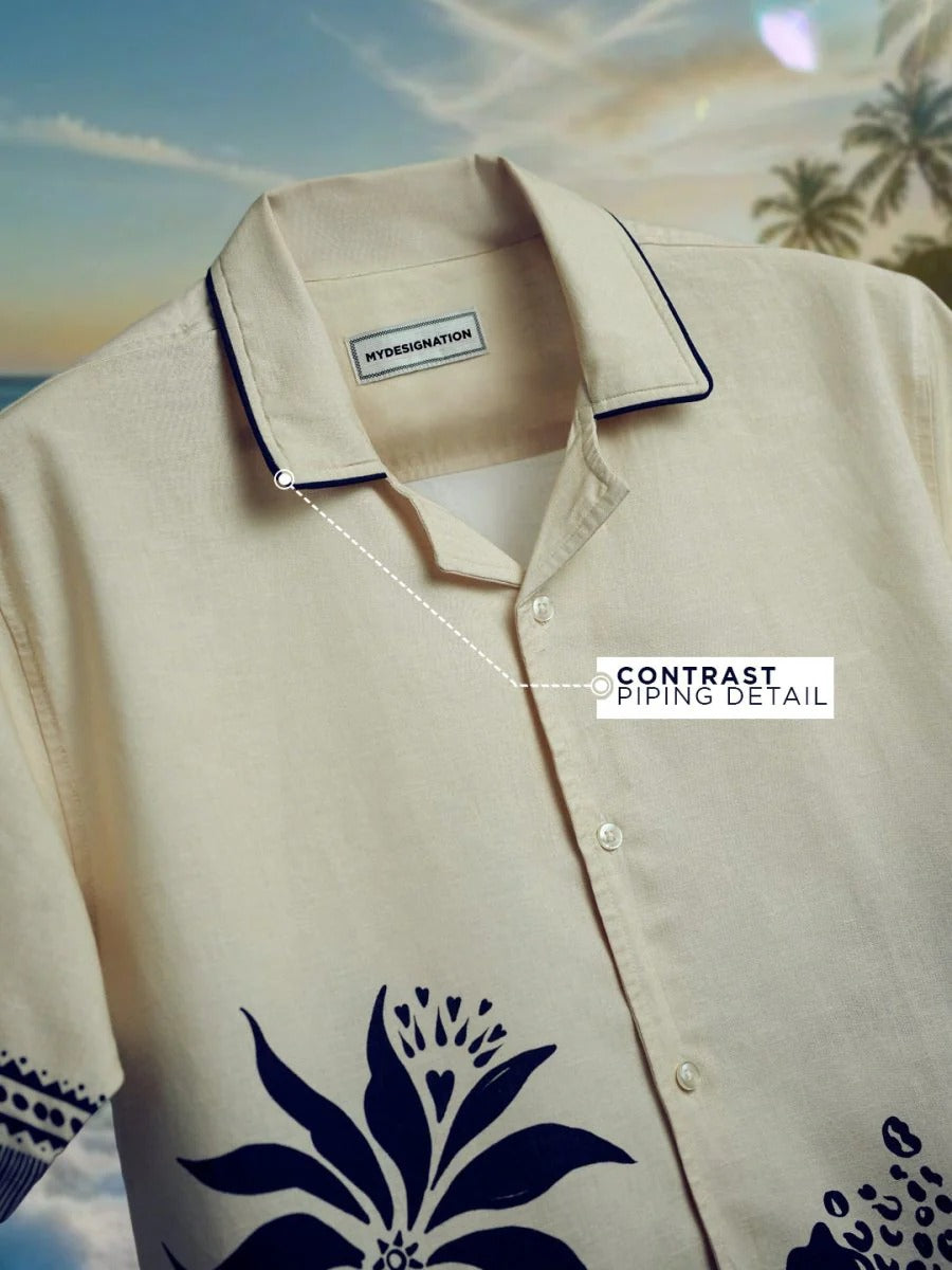 Stylock Men's Beige Tropical Floral Print Cuban Collar Half Sleeve Casual Shirt