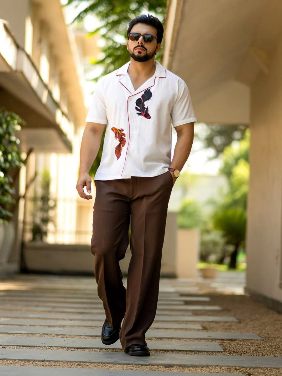 Stylock Men's White Koi Fish Embroidered Cuban Collar Half Sleeve Casual Shirt
