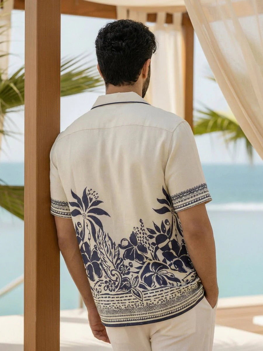 Stylock Men's Beige Tropical Floral Print Cuban Collar Half Sleeve Casual Shirt