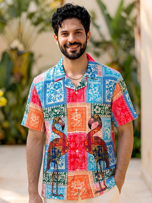 Stylock Men's Multicolor Flamingo Tropical Print Cuban Collar Half Sleeve Casual Shirt