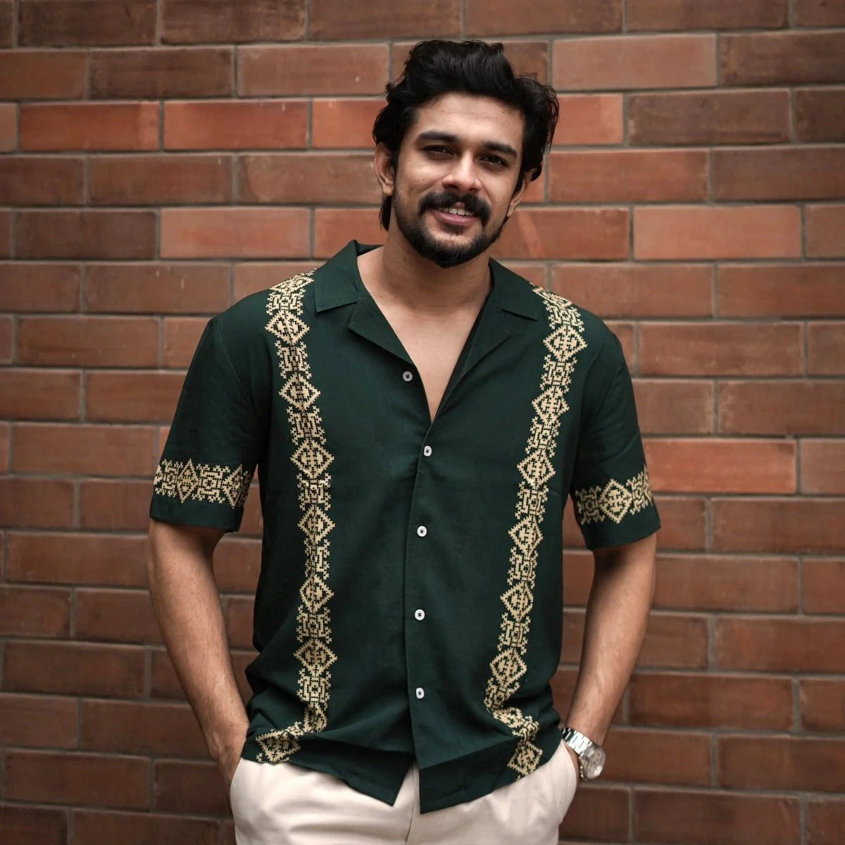 Stylock Men's Dark Green Ethnic Print Cuban Collar Half Sleeve Casual Shirt