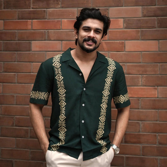 Stylock Men's Dark Green Ethnic Print Cuban Collar Half Sleeve Casual Shirt