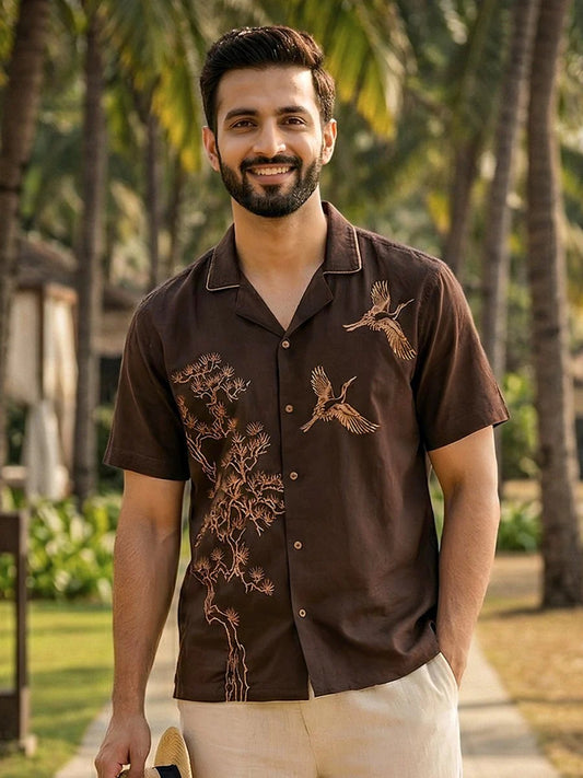 Stylock Men's Brown Nature Embroidered Cuban Collar Half Sleeve Casual Shirt