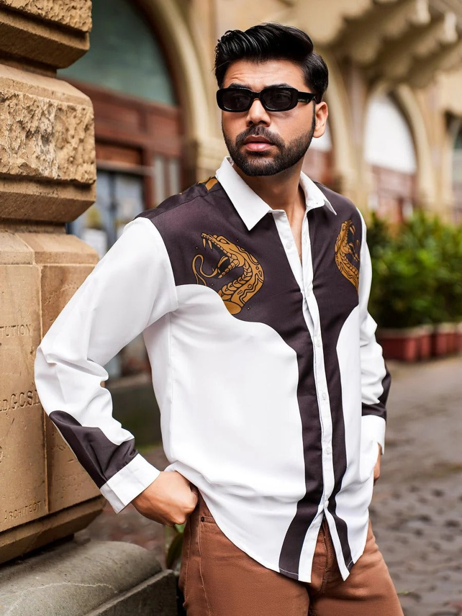Stylock Men's White & Black Snake Print Full Sleeve Casual Shirt