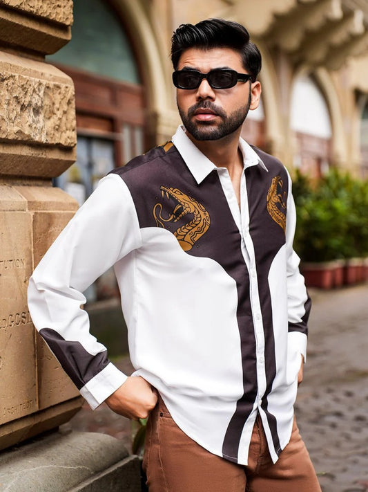 Stylock Men's White & Black Snake Print Full Sleeve Casual Shirt