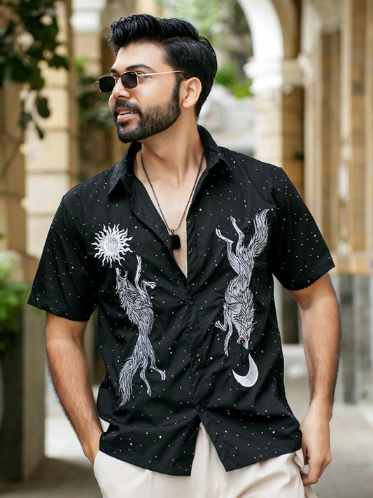 Stylock Men's Black Wolf Graphic Print Cuban Collar Half Sleeve Casual Shirt