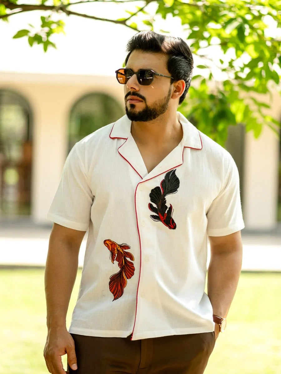 Stylock Men's White Koi Fish Embroidered Cuban Collar Half Sleeve Casual Shirt