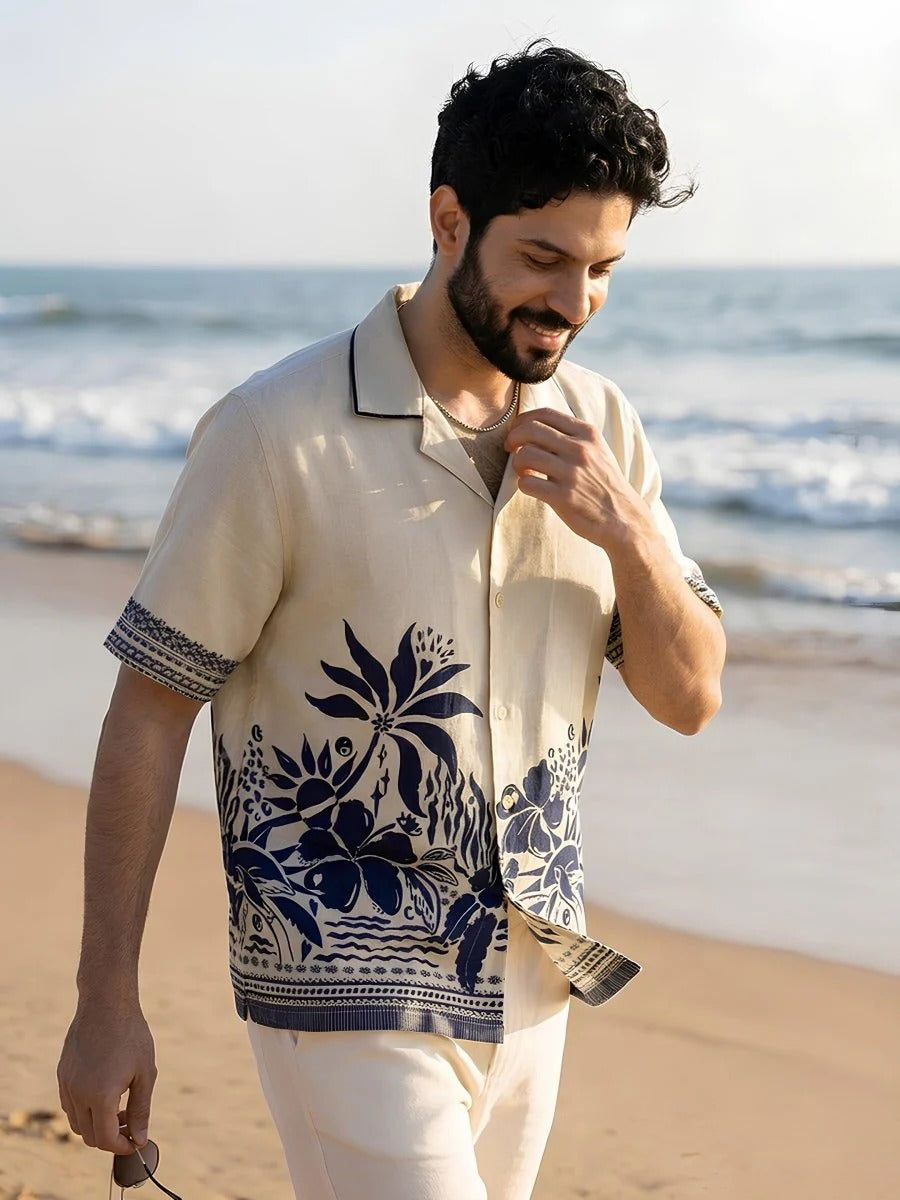 Stylock Men's Beige Tropical Floral Print Cuban Collar Half Sleeve Casual Shirt