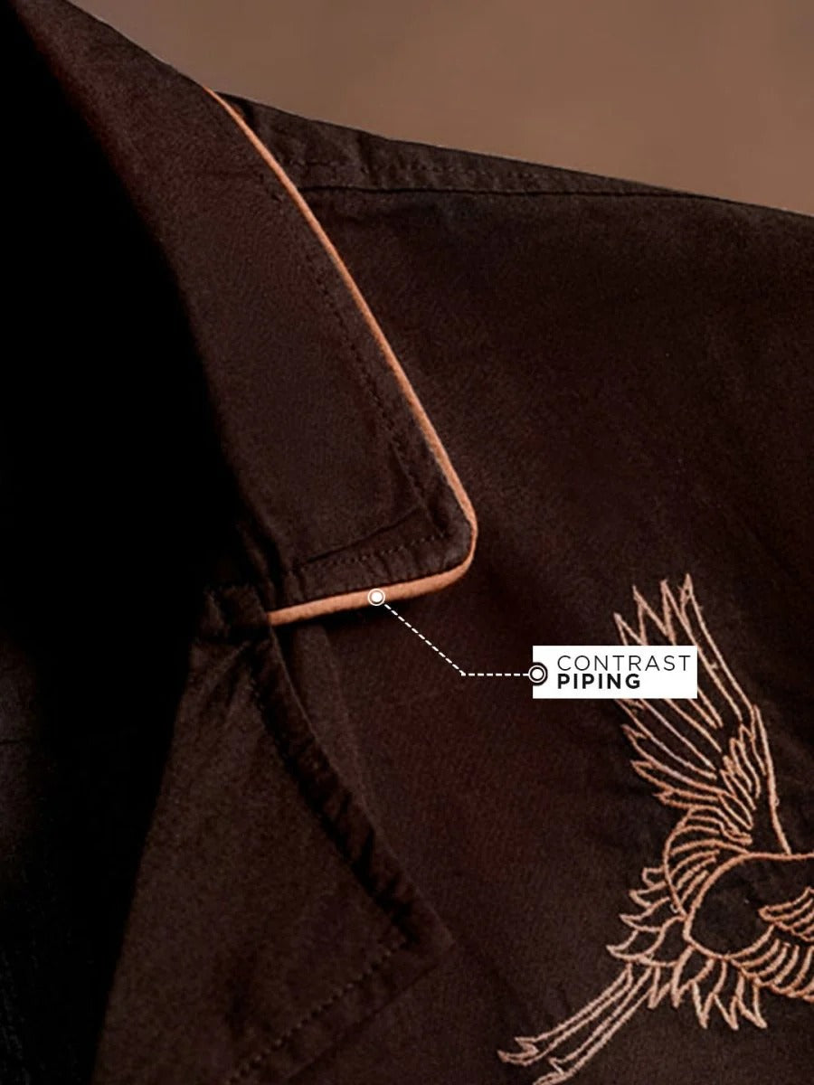 Stylock Men's Brown Nature Embroidered Cuban Collar Half Sleeve Casual Shirt